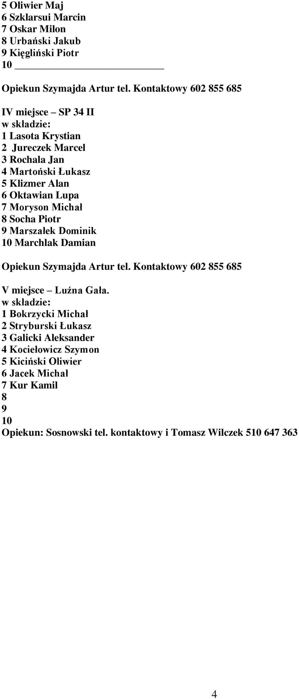 Moryson Michał 8 Socha Piotr 9 Marszałek Dominik 10 Marchlak Damian Opiekun Szymajda Artur tel. Kontaktowy 602 855 685 V miejsce Luźna Gała.