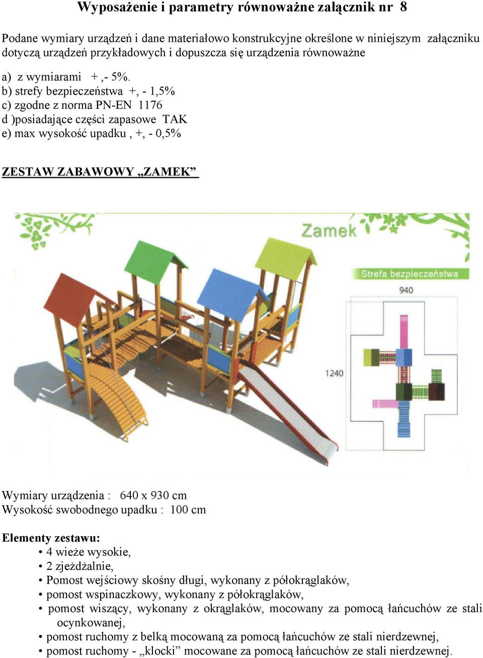 b) strefy bezpieczeństwa +, - 1,5% c) zgodne z norma PN-EN 1176 d )posiadające części zapasowe TAK e) max wysokość upadku, +, - 0,5% ZESTAW ZABAWOWY ZAMEK Wymiary urządzenia : 640 x 930 cm Wysokość