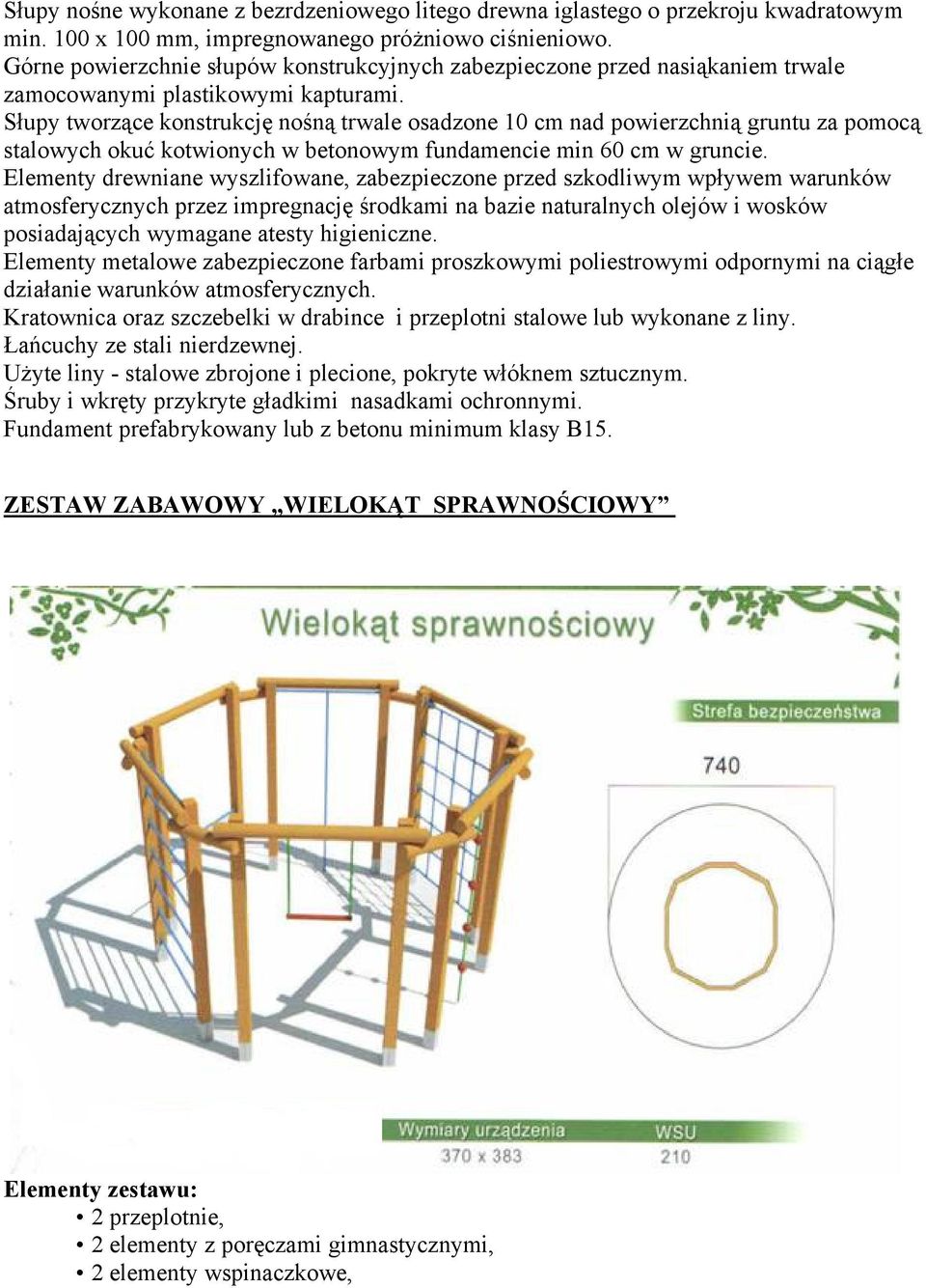 Słupy tworzące konstrukcję nośną trwale osadzone 10 cm nad powierzchnią gruntu za pomocą stalowych okuć kotwionych w betonowym fundamencie min 60 cm w gruncie.