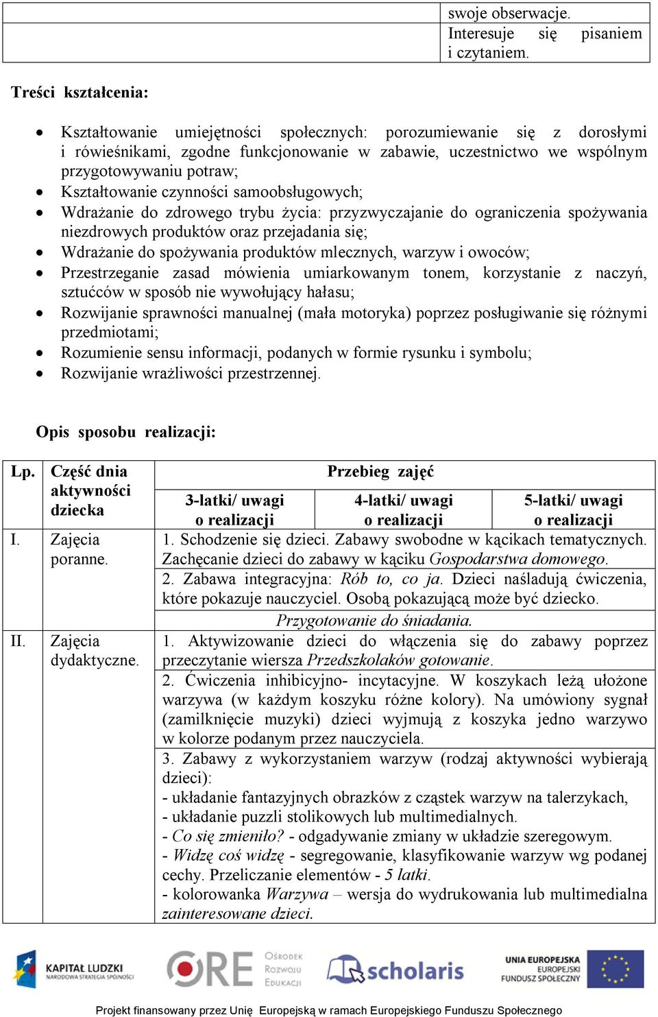 Kształtowanie czynności samoobsługowych; Wdrażanie do zdrowego trybu życia: przyzwyczajanie do ograniczenia spożywania niezdrowych produktów oraz przejadania się; Wdrażanie do spożywania produktów