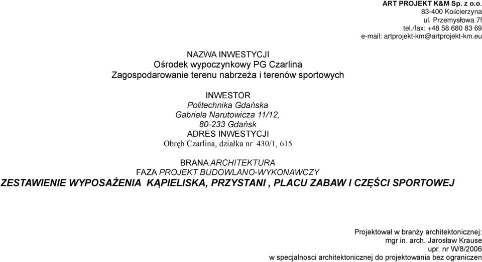 11/12, 80-233 Gdańsk ADRES INWESTYCJI Obręb Czarlina, działka nr 430/1, 615 BRANA ARCHITEKTURA FAZA PROJEKT BUDOWLANO-WYKONAWCZY ZESTAWIENIE WYPOSAŻENIA