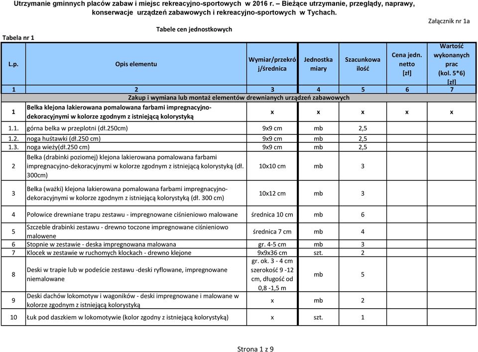 kolorystyką x x x x x 1.1. górna belka w przeplotni (dł.250cm) 9x9 cm mb 2,5 1.2. noga huśtawki (dł.250 cm) 9x9 cm mb 2,5 1.3. noga wieży(dł.