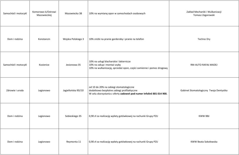 wulkanizację, sprzedaż opon, części zamienne i pomoc drogową RM-AUTO RAFAŁ MADEJ Zdrowie i uroda Legionowo Jagiellooska 9D/10 Gabinet Stomatologiczny Twoja Dentystka Dom i rodzina Legionowo