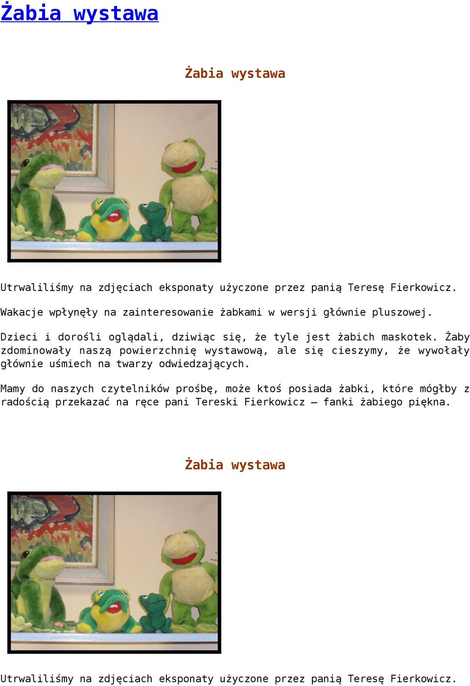 Żaby zdominowały naszą powierzchnię wystawową, ale się cieszymy, że wywołały głównie uśmiech na twarzy odwiedzających.