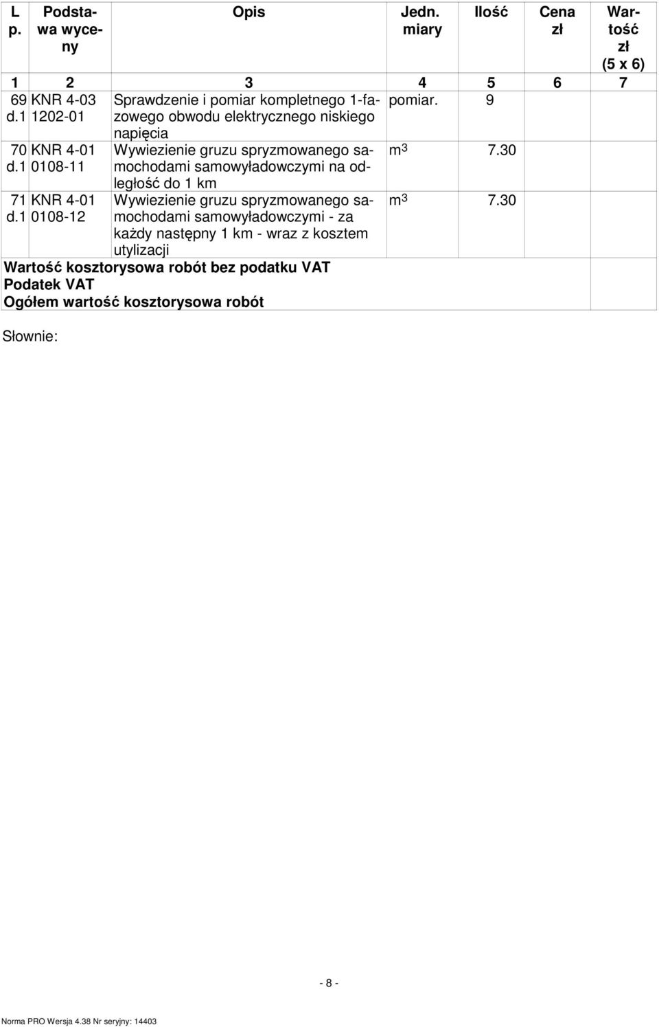 odległość do 1 km Wywiezienie gruzu spryzmowanego samochodami samowyładowczymi - za każdy następny 1 km - wraz z