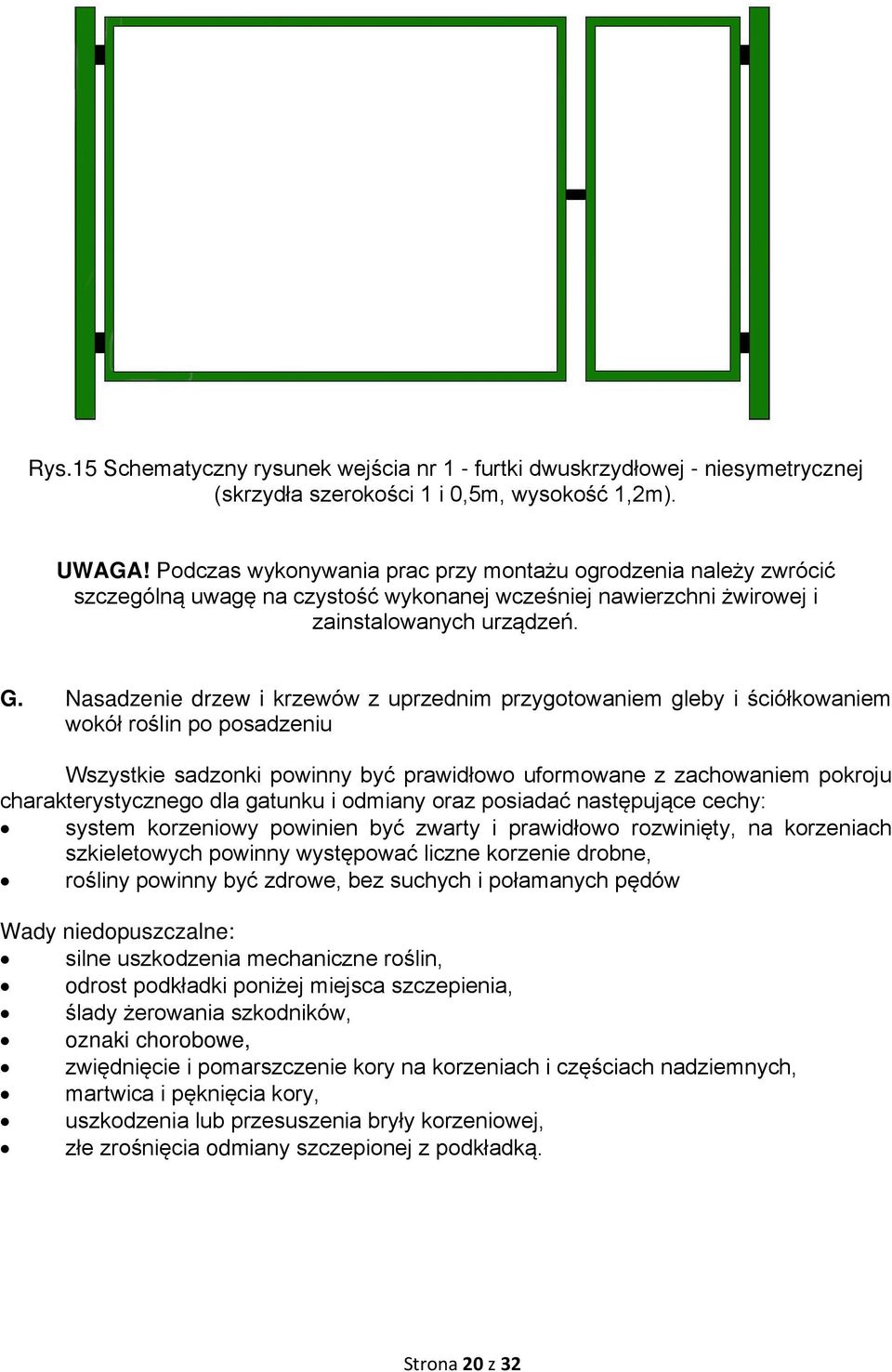 Nasadzenie drzew i krzewów z uprzednim przygotowaniem gleby i ściółkowaniem wokół roślin po posadzeniu Wszystkie sadzonki powinny być prawidłowo uformowane z zachowaniem pokroju charakterystycznego