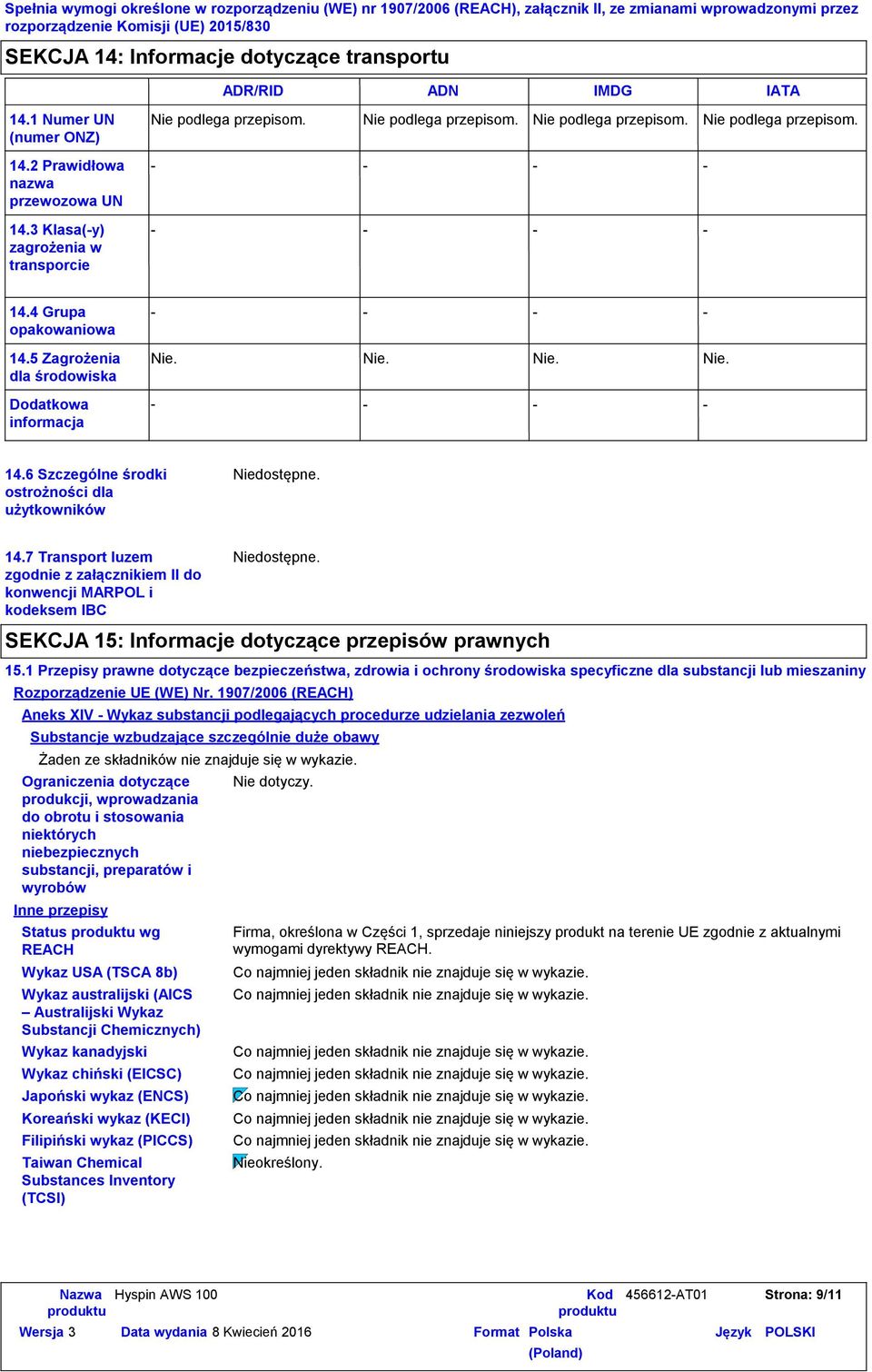 7 Transport luzem zgodnie z załącznikiem II do konwencji MARPOL i kodeksem IBC Ograniczenia dotyczące produkcji, wprowadzania do obrotu i stosowania niektórych niebezpiecznych substancji, preparatów