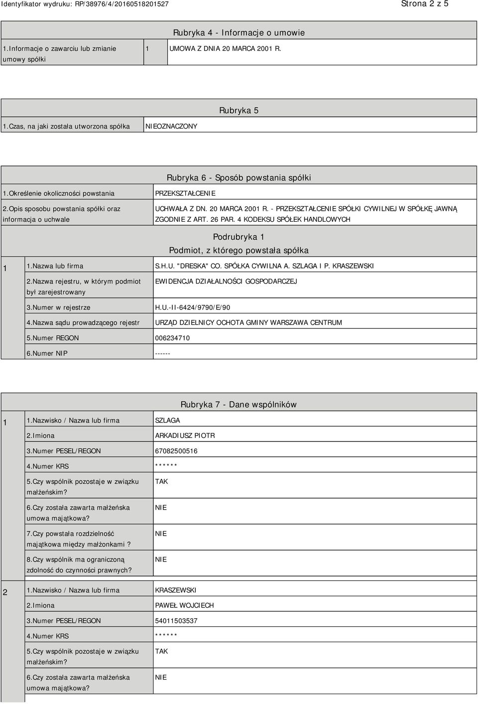 Opis sposobu powstania spółki oraz informacja o uchwale PRZEKSZTAŁCE UCHWAŁA Z DN. 20 MARCA 2001 R. - PRZEKSZTAŁCE SPÓŁKI CYWILNEJ W SPÓŁKĘ JAWNĄ ZGOD Z ART. 26 PAR.