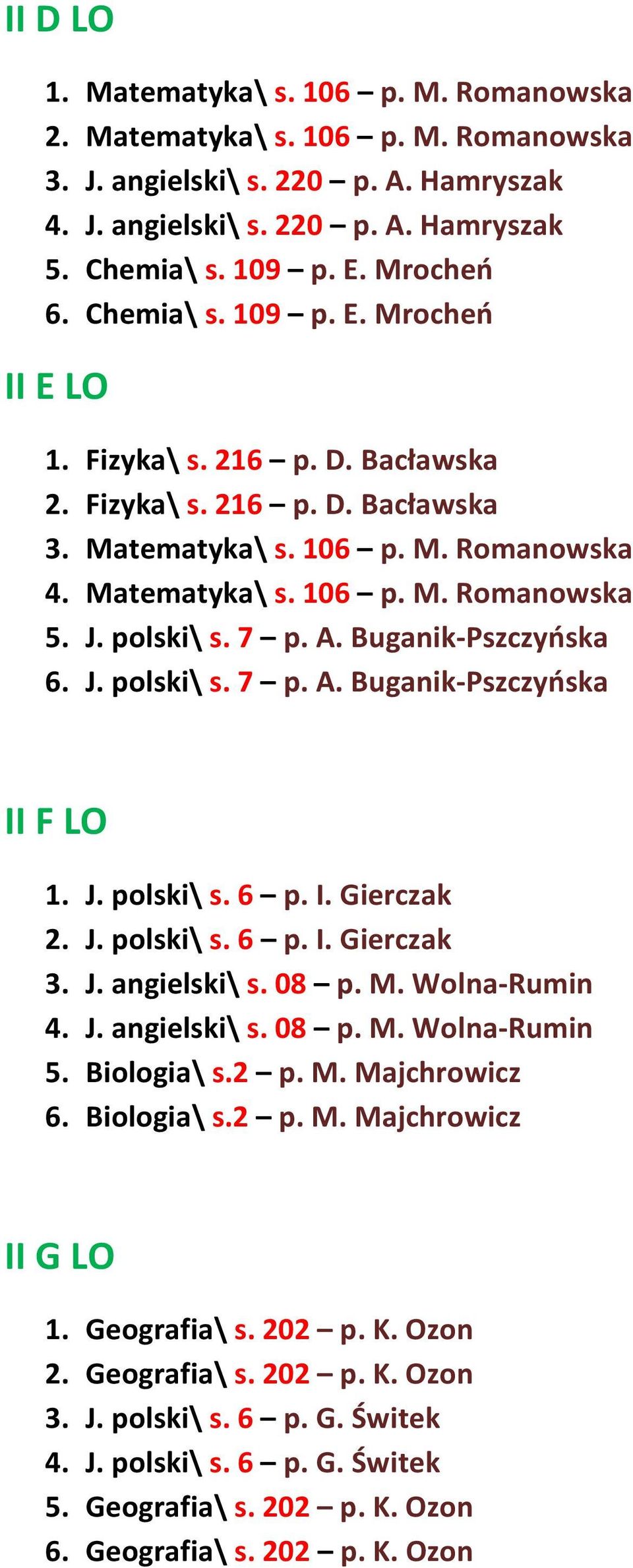 7 p. A. Buganik-Pszczyńska 6. J. polski\ s. 7 p. A. Buganik-Pszczyńska II F LO 1. J. polski\ s. 6 p. I. Gierczak 2. J. polski\ s. 6 p. I. Gierczak 3. J. angielski\ s. 08 p. M. Wolna-Rumin 4. J. angielski\ s. 08 p. M. Wolna-Rumin 5.