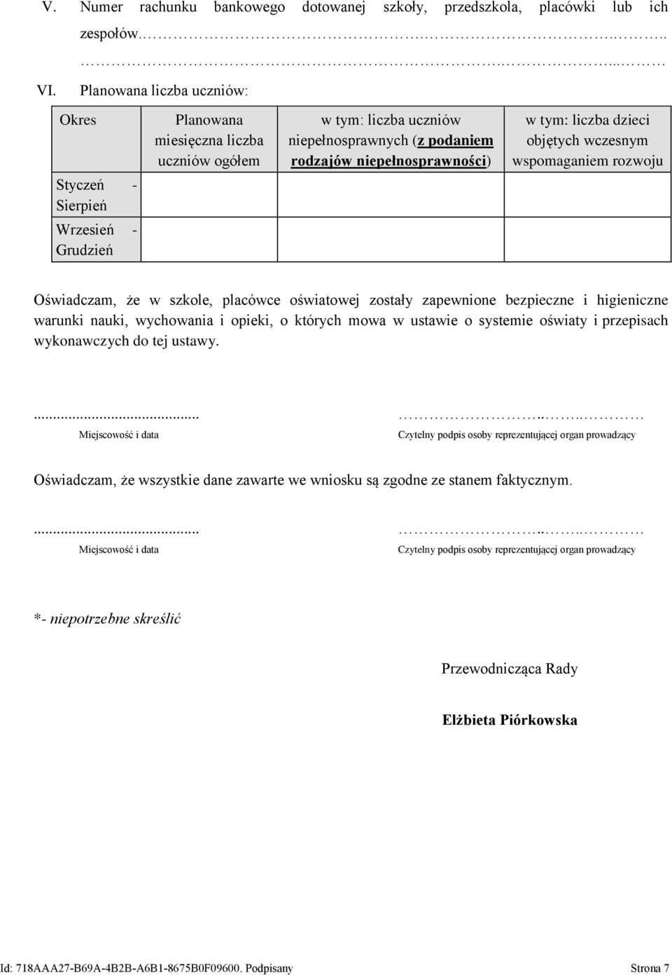 tym: liczba dzieci objętych wczesnym wspomaganiem rozwoju Oświadczam, że w szkole, placówce oświatowej zostały zapewnione bezpieczne i higieniczne warunki nauki, wychowania i opieki, o których mowa w