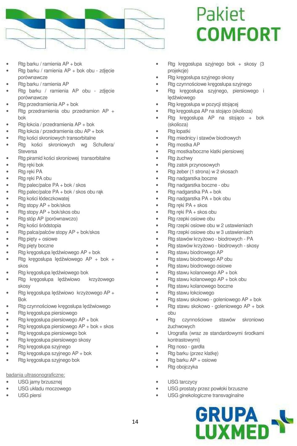 Rtg piramid kości skroniowej transorbitalne Rtg ręki bok Rtg ręki PA Rtg ręki PA obu Rtg palec/palce PA + bok / skos Rtg palec/palce PA + bok / skos obu rąk Rtg kości łódeczkowatej Rtg stopy AP +