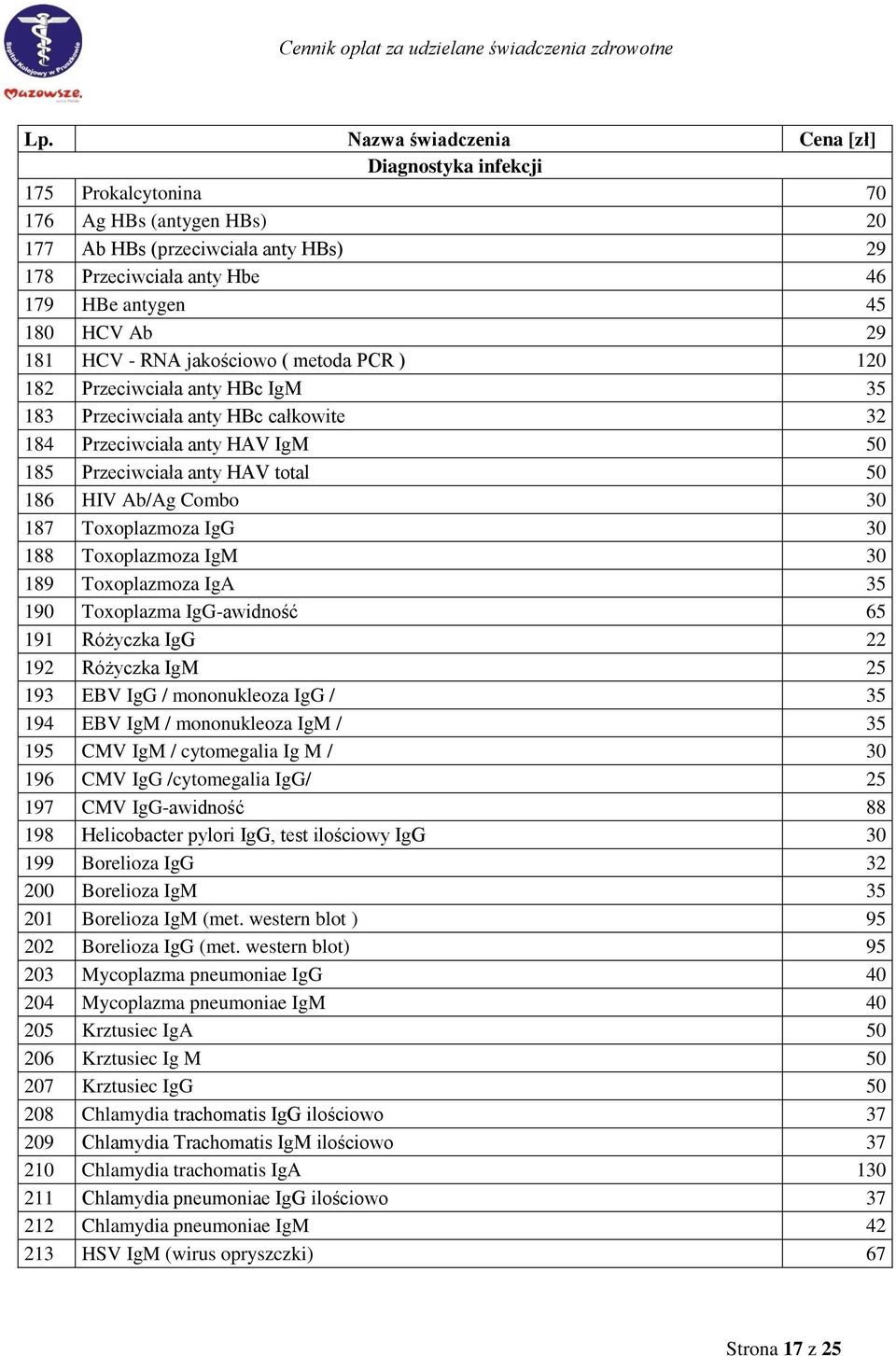 IgG 30 188 Toxoplazmoza IgM 30 189 Toxoplazmoza IgA 35 190 Toxoplazma IgG-awidność 65 191 Różyczka IgG 22 192 Różyczka IgM 25 193 EBV IgG / mononukleoza IgG / 35 194 EBV IgM / mononukleoza IgM / 35