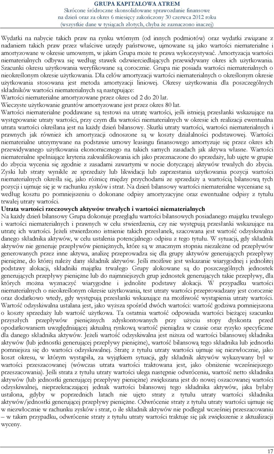 Szacunki okresu uŝytkowania weryfikowane są corocznie. Grupa nie posiada wartości niematerialnych o nieokreślonym okresie uŝytkowania.