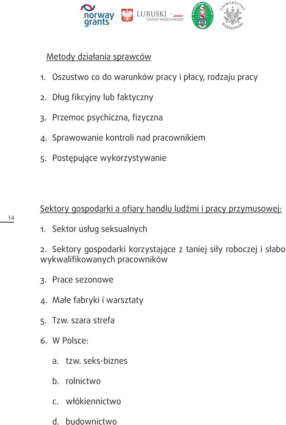 Postępujące wykorzystywanie 14 Sektory gospodarki a ofiary handlu ludźmi i pracy przymusowej: 1. Sektor usług seksualnych 2.