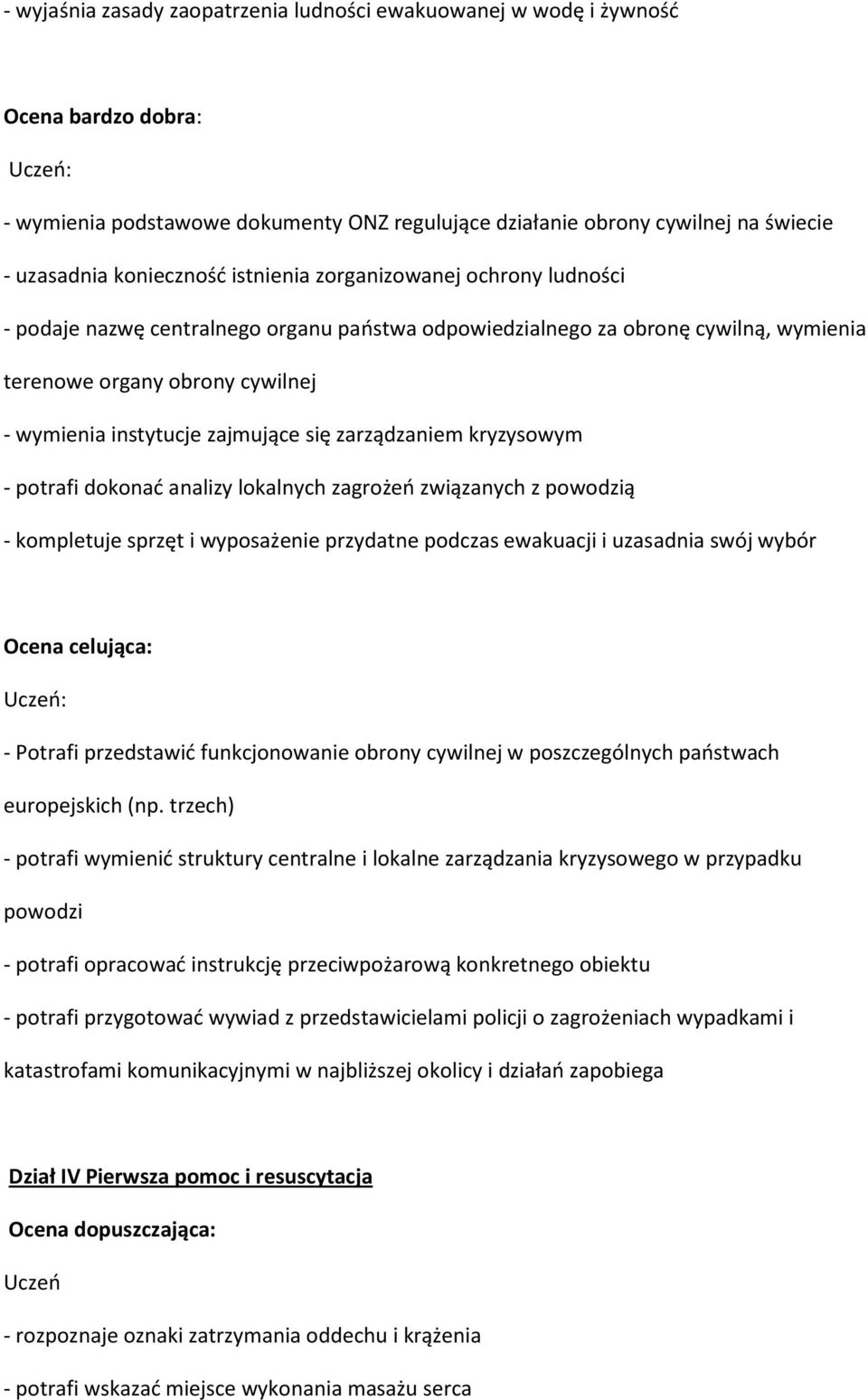 zarządzaniem kryzysowym - potrafi dokonać analizy lokalnych zagrożeń związanych z powodzią - kompletuje sprzęt i wyposażenie przydatne podczas ewakuacji i uzasadnia swój wybór Ocena celująca: -