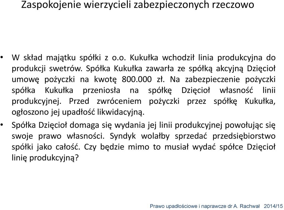Na zabezpieczenie pożyczki spółka Kukułka przeniosła na spółkę Dzięcioł własność linii produkcyjnej.