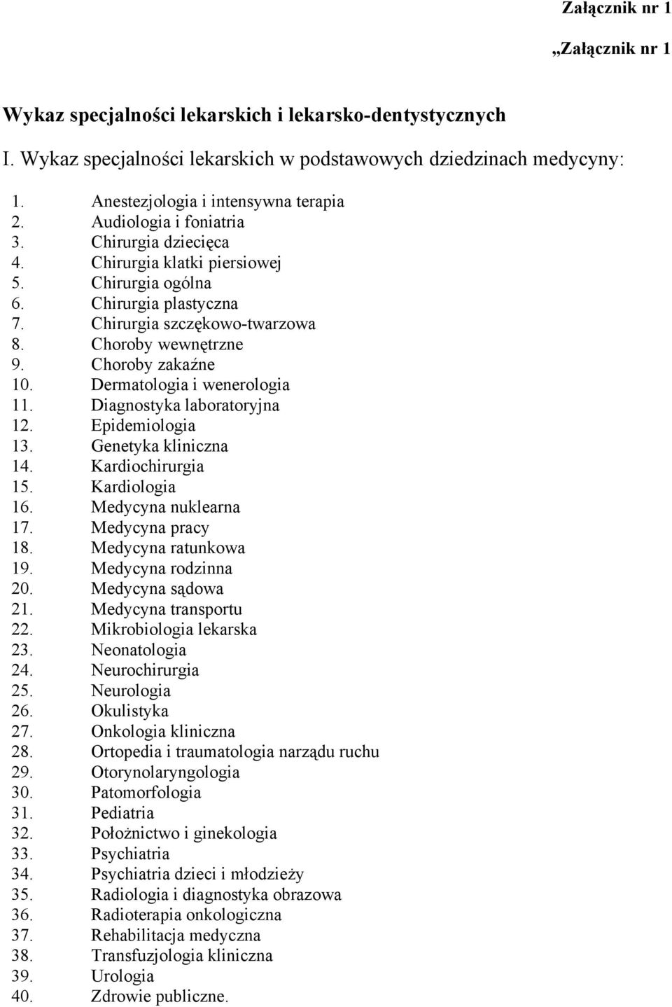 Epidemiologia 13. Genetyka kliniczna 14. Kardiochirurgia 15. Kardiologia 16. Medycyna nuklearna 17. 18. Medycyna ratunkowa 19. Medycyna rodzinna 20. Medycyna sądowa 21. Medycyna transportu 22.