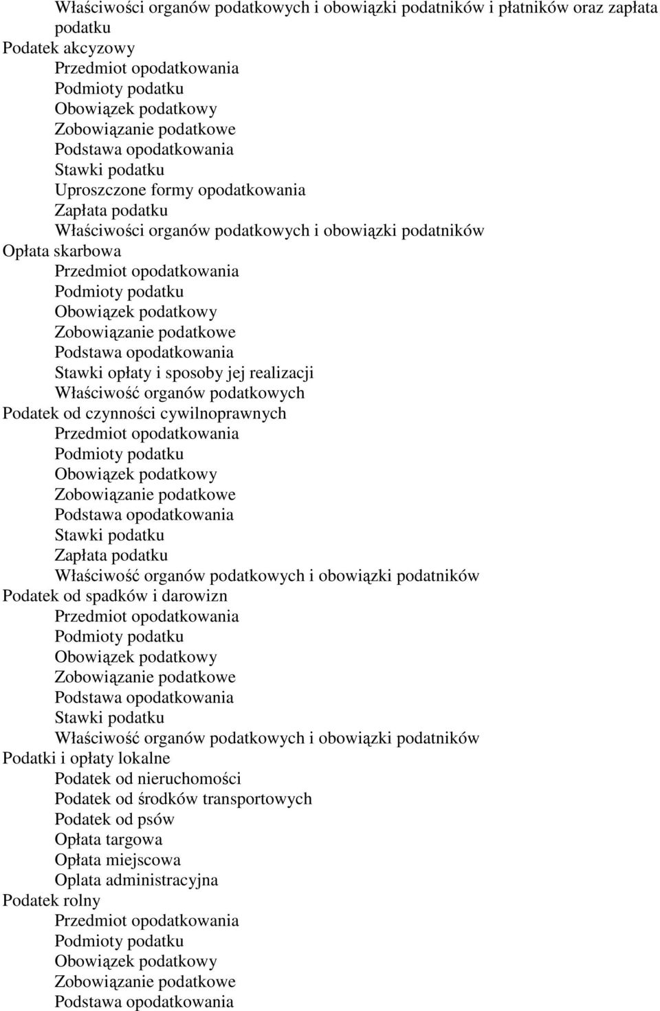 podatkowych Podatek od czynności cywilnoprawnych Podatek od spadków i darowizn Podatki i opłaty lokalne Podatek od