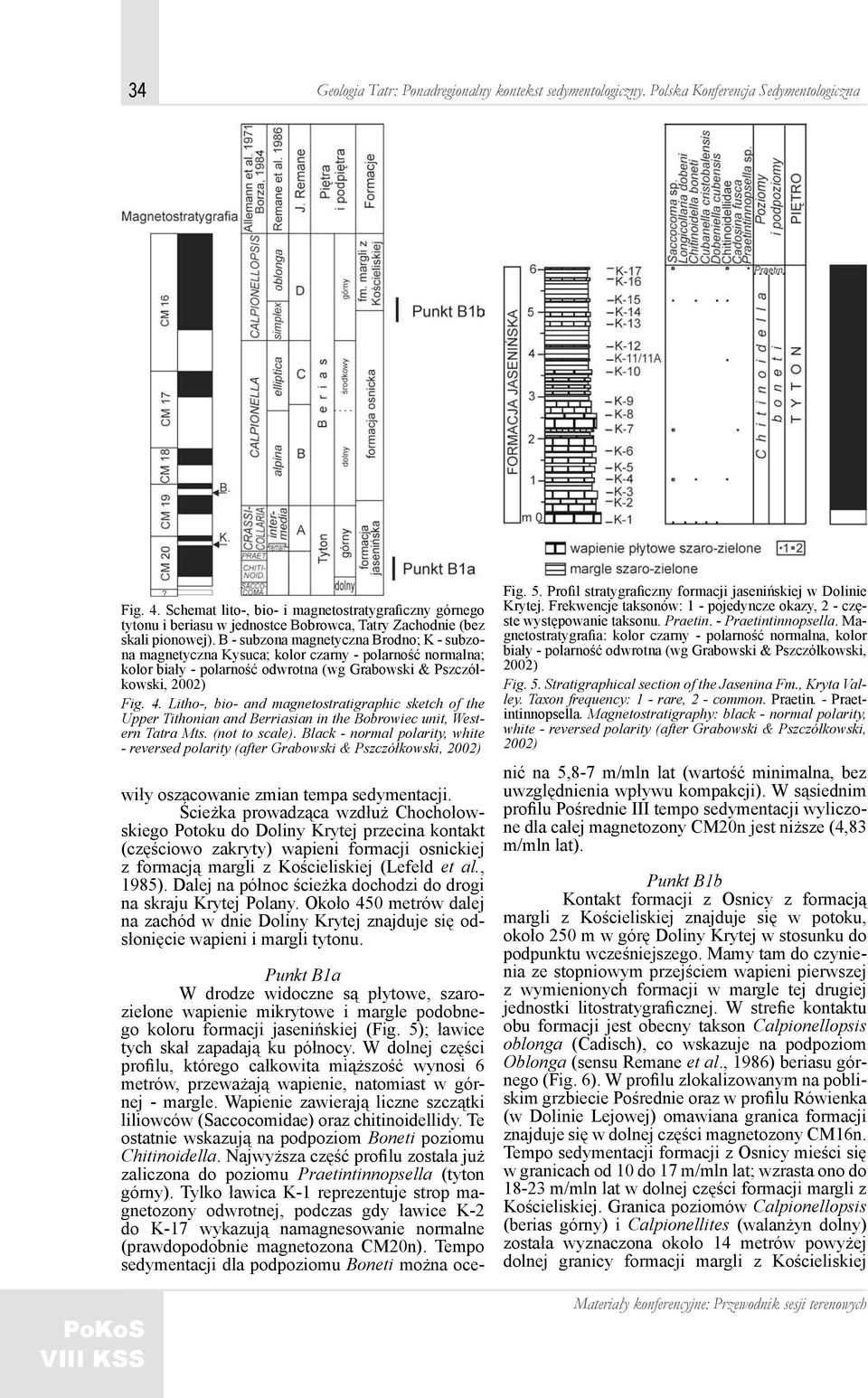 B - subzona magnetyczna Brodno; K - subzona magnetyczna Kysuca; kolor czarny - polarność normalna; kolor biały - polarność odwrotna (wg Grabowski & Pszczółkowski, 2002) Fig. 4.