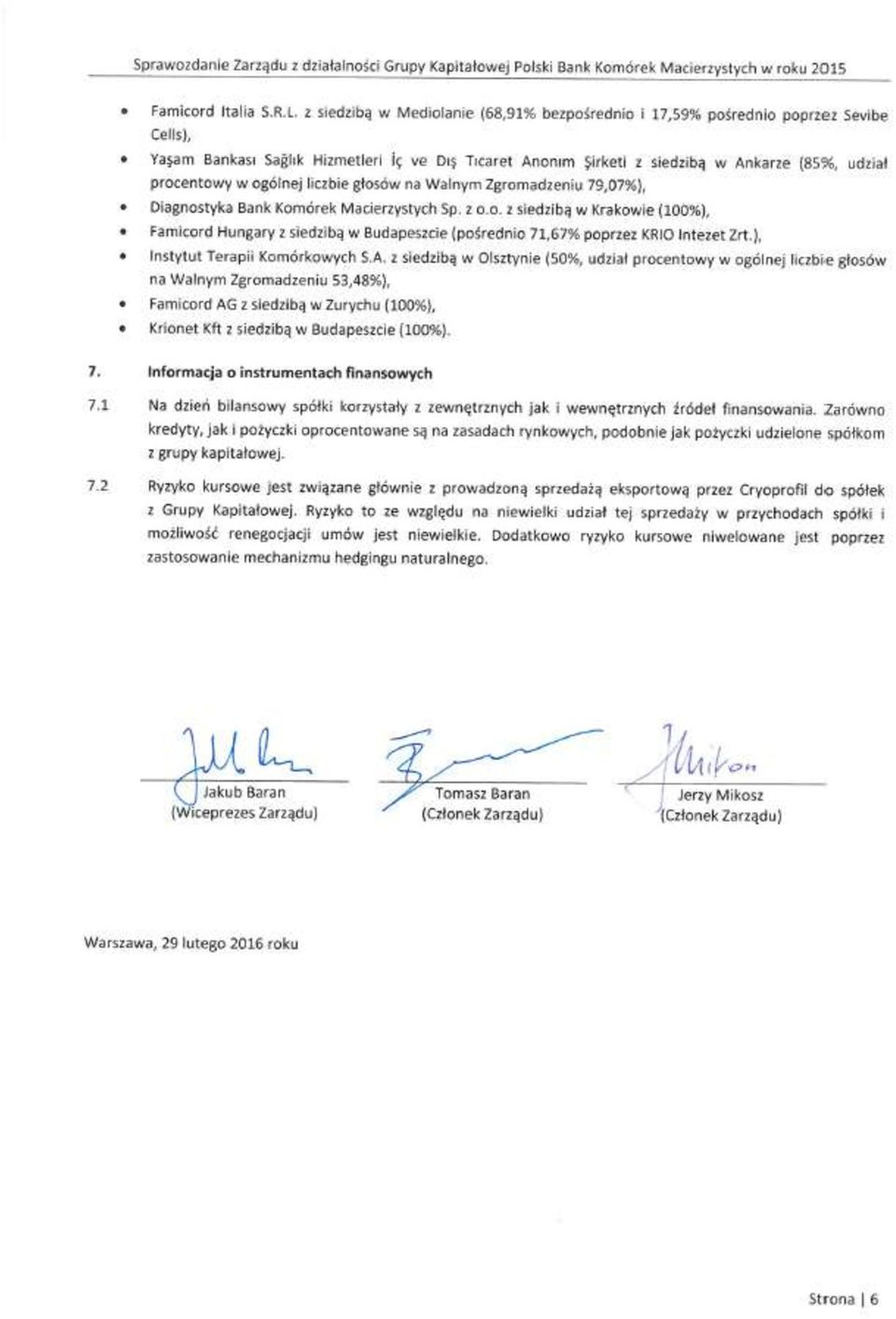 z siedzibą w Olsztynie (50%, udział procentowy w ogólnej liczbie głosów na Walnym Zgromadzeniu 53,48%), Famicord AG z siedzibą w Zurychu (100%), Krionet Kft z siedzibą w Budapeszcie (100%). 7.