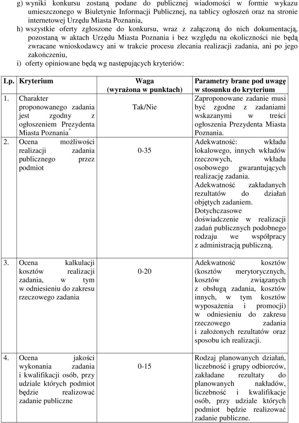 procesu zlecania realizacji zadania, ani po jego zakończeniu, i) oferty opiniowane będą wg następujących kryteriów: Lp. Kryterium 1.
