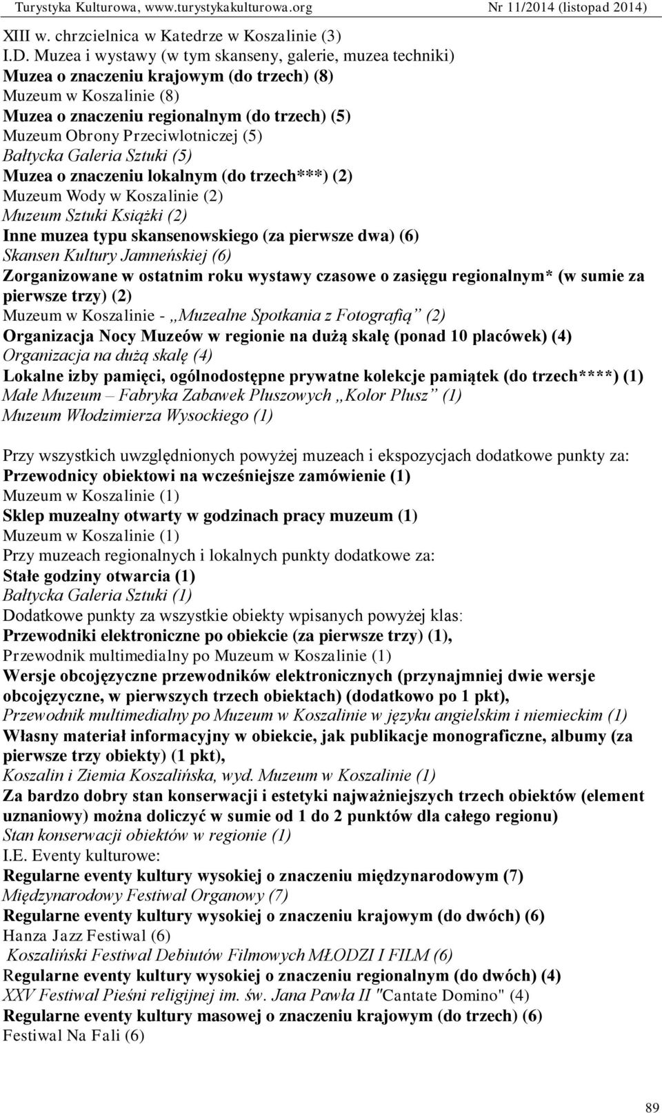 Przeciwlotniczej (5) Bałtycka Galeria Sztuki (5) Muzea o znaczeniu lokalnym (do trzech***) (2) Muzeum Wody w Koszalinie (2) Muzeum Sztuki Książki (2) Inne muzea typu skansenowskiego (za pierwsze dwa)