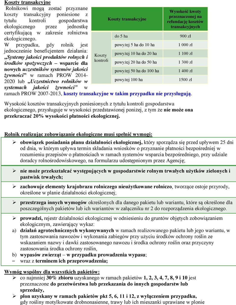 W przypadku, gdy rolnik jest powyżej 5 ha do 10 ha 1 000 zł jednocześnie beneficjentem działania: Systemy jakości produktów rolnych i Koszty powyżej 10 ha do 20 ha 1 100 zł kontroli środków