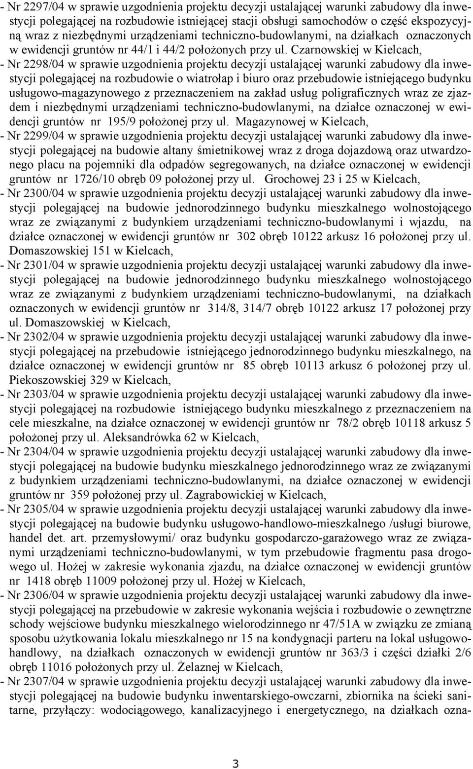 Czarnowskiej w Kielcach, - Nr 2298/04 w sprawie uzgodnienia projektu decyzji ustalającej warunki zabudowy dla inwestycji polegającej na rozbudowie o wiatrołap i biuro oraz przebudowie istniejącego