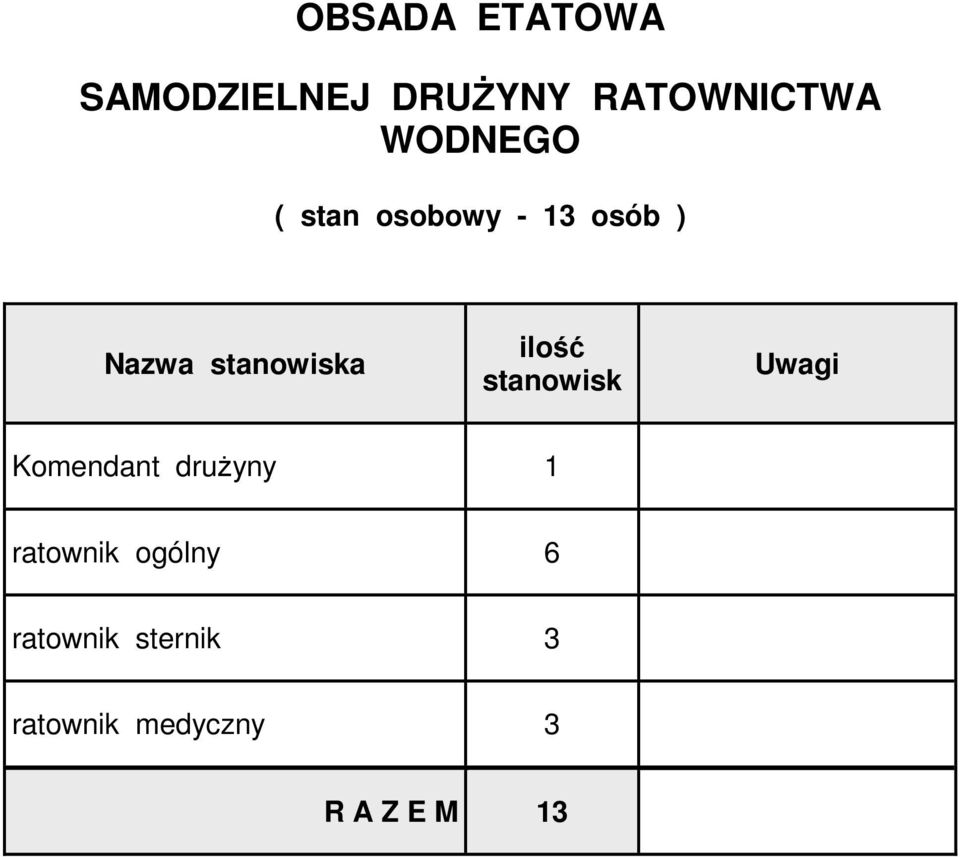 ilość stanowisk Uwagi Komendant drużyny 1 ratownik