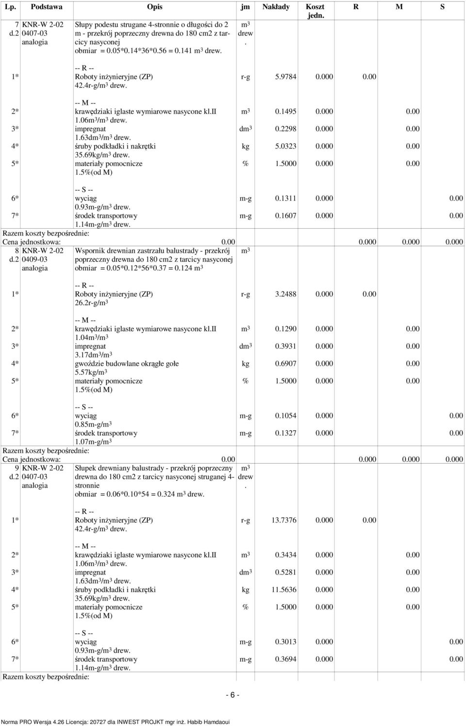 5* materiały pomocnicze 1.5%(od M) r-g 5.9784 0.000 0.00 0.1495 0.000 0.00 d 0.2298 0.000 0.00 kg 5.0323 0.000 0.00 % 1.5000 0.000 0.00 6* wyciąg 0.93m-g/ drew. 7* środek transportowy 1.14m-g/ drew.