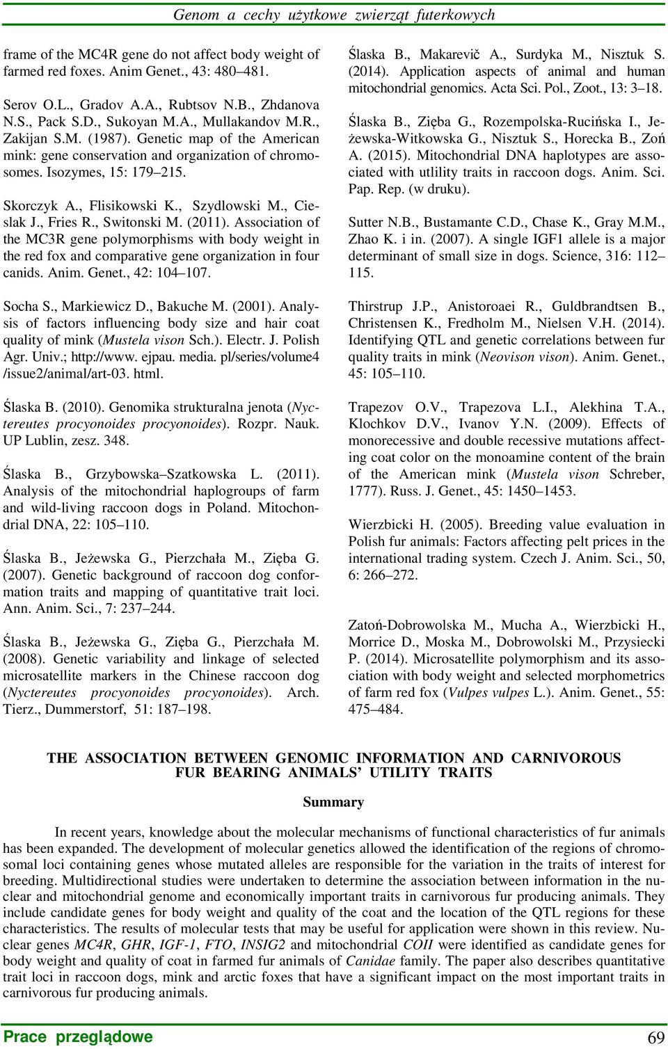 , Szydlowski M., Cieslak J., Fries R., Switonski M. (2011). Association of the MC3R gene polymorphisms with body weight in the red fox and comparative gene organization in four canids. Anim. Genet.