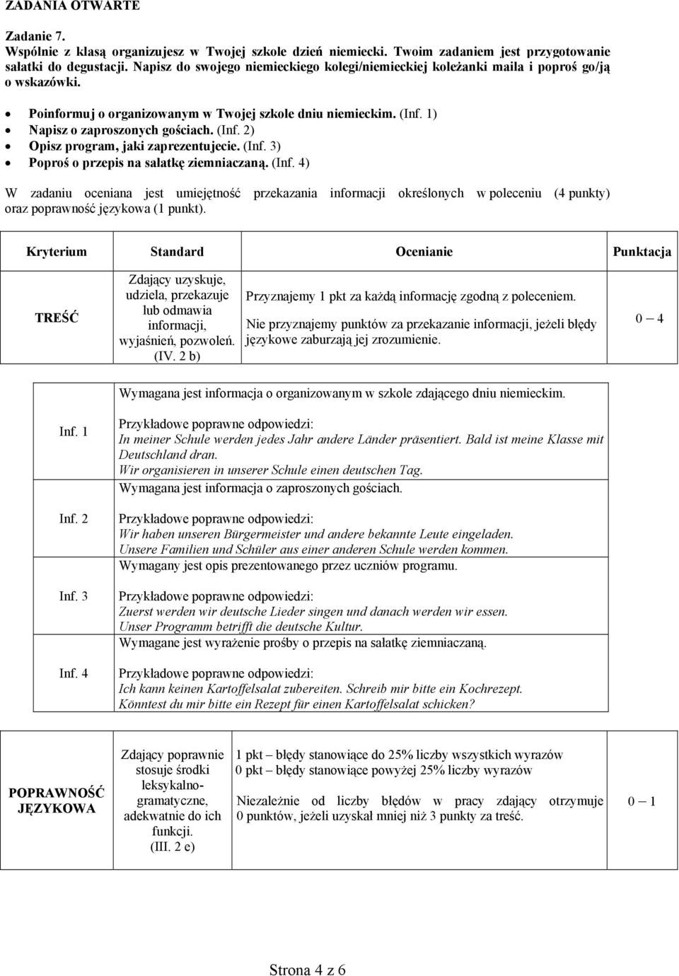 (Inf. 3) Poproś o przepis na sałatkę ziemniaczaną. (Inf. 4) W zadaniu oceniana jest umiejętność przekazania informacji określonych w poleceniu (4 punkty) oraz poprawność językowa (1 punkt).