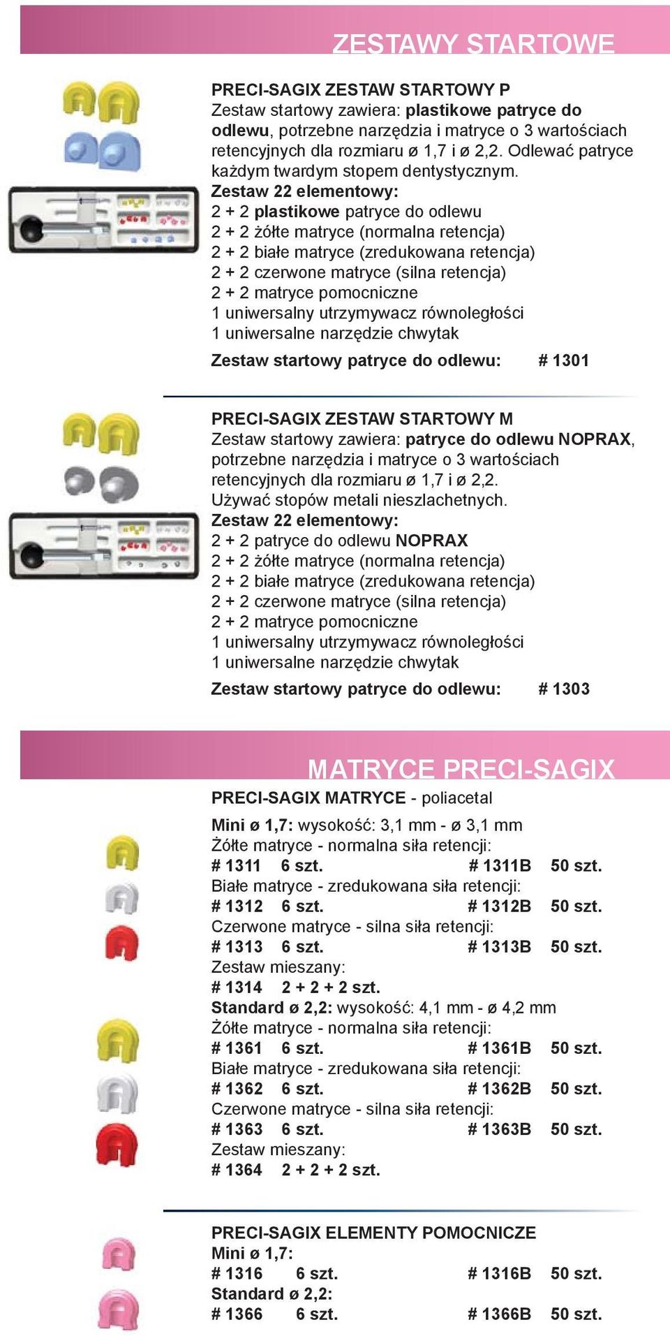 Zestaw 22 elementowy: 2 + 2 plastikowe patryce do odlewu 2 + 2 żółte matryce (normalna retencja) 2 + 2 białe matryce (zredukowana retencja) 2 + 2 czerwone matryce (silna retencja) 2 + 2 matryce