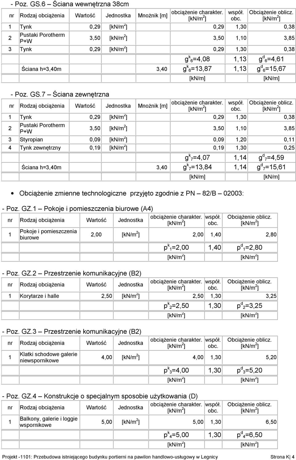 Ściana zewnętrzna Mnożnik [m] Tynk 0,29 0,29,30 0,38 2 Pustaki Porotherm P+W 3,50 3,50,0 3,85 3 Styropian 0,09 0,09,20 0, 4 Tynk zewnętrzny 0,9 0,9,30 0,25 g k 7=4,07,4 g d 7=4,59 Ściana h=3,40m 3,40