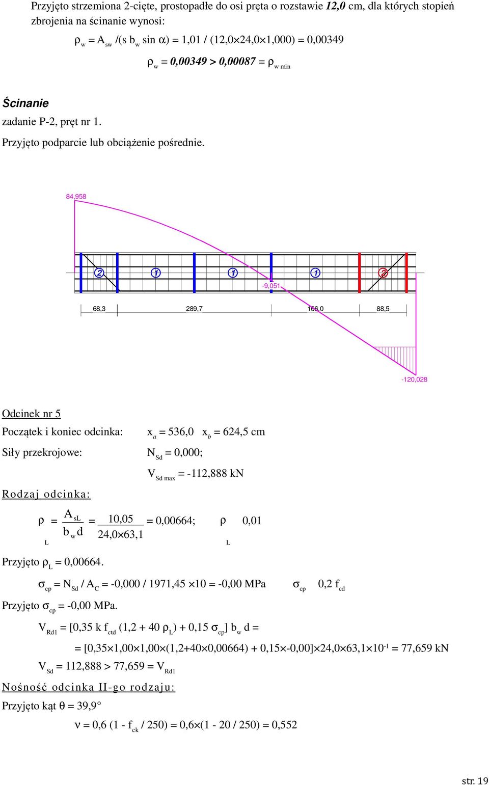 84,958 2 1 1 1 2-9,051 68,3 289,7 166,0 88,5-120,028 Odcinek nr 5 Początek i koniec odcinka: x a = 536,0 x b = 624,5 cm Siły przekrojowe: N Sd = 0,000; V Sd max = -112,888 kn Rodzaj odcinka: ρ = L