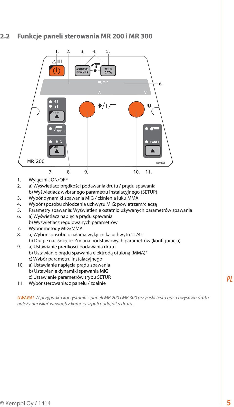 Wybór sposobu chłodzenia uchwytu MIG: powietrzem/cieczą 5. Parametry spawania: Wyświetlenie ostatnio używanych parametrów spawania 6.
