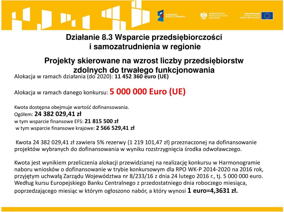 euro (UE) Alokacja w ramach danego konkursu: 5 000 000 Euro (UE) Kwota dostępna obejmuje wartość dofinansowania.