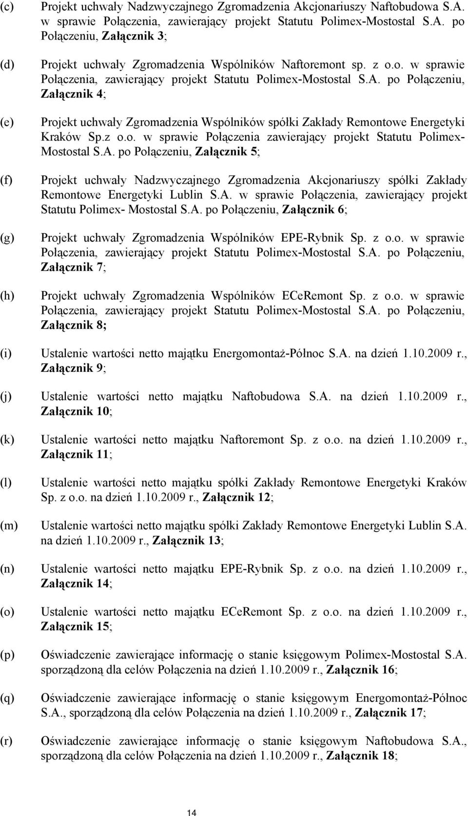 z o.o. w sprawie Połączenia zawierający projekt Statutu Polimex- Mostostal S.A.