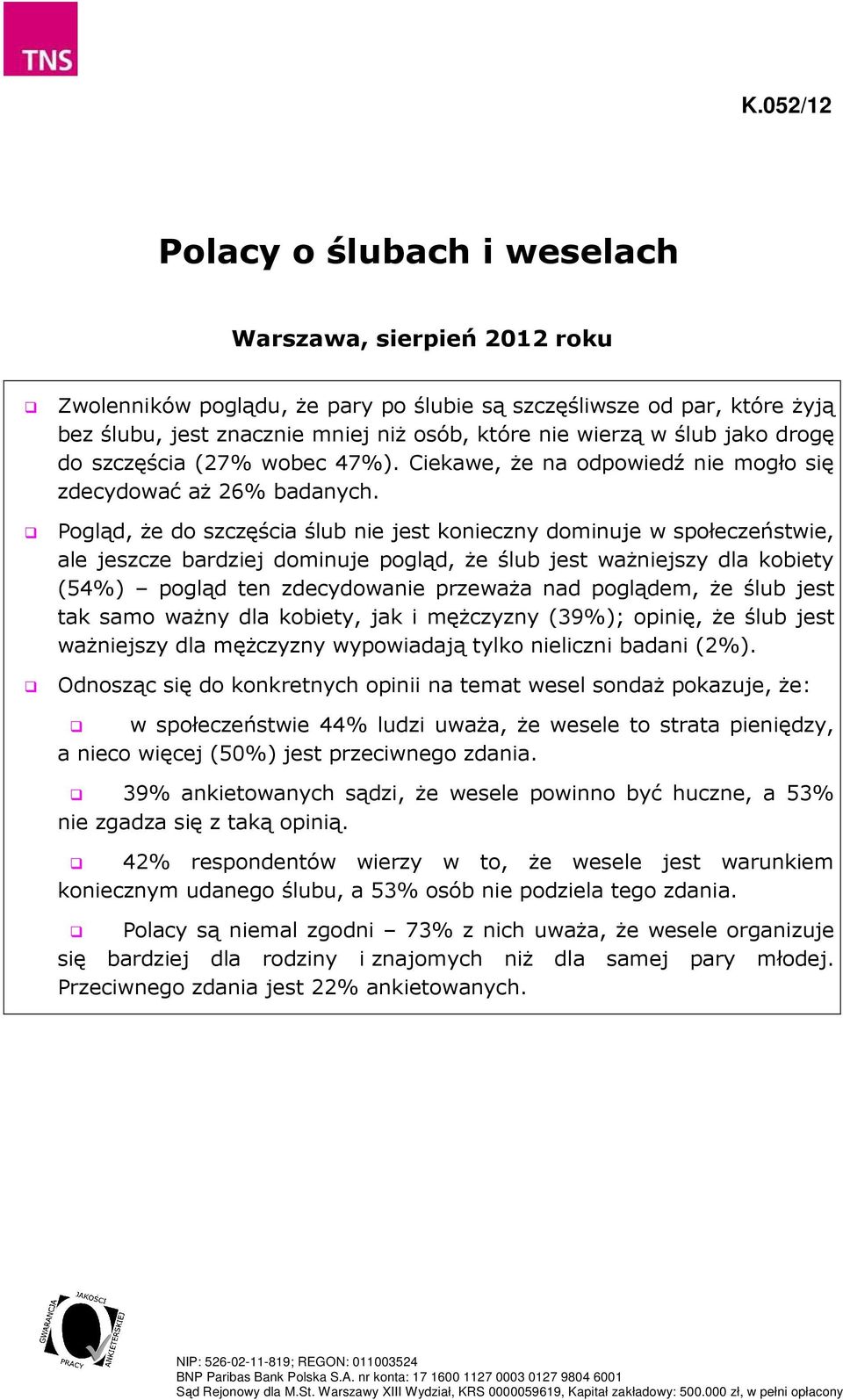 Pogląd, że do szczęścia ślub nie jest konieczny dominuje w społeczeństwie, ale jeszcze bardziej dominuje pogląd, że ślub jest ważniejszy dla kobiety (54%) pogląd ten zdecydowanie przeważa nad