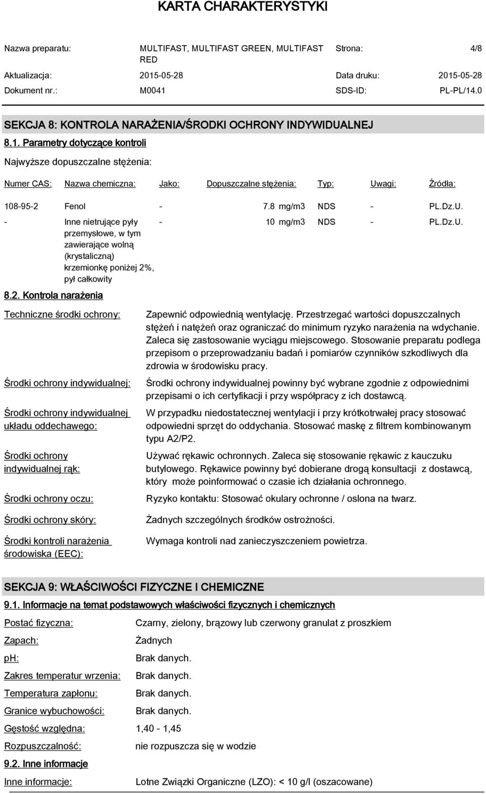 agi: Źródła: 108-95-2 Fenol - 7.8 mg/m3 NDS - PL.Dz.U. - Inne nietrujące pyły przemysłowe, w tym zawierające wolną (krystaliczną) krzemionkę poniżej 2%, pył całkowity 8.2. Kontrola narażenia - 10 mg/m3 NDS - PL.