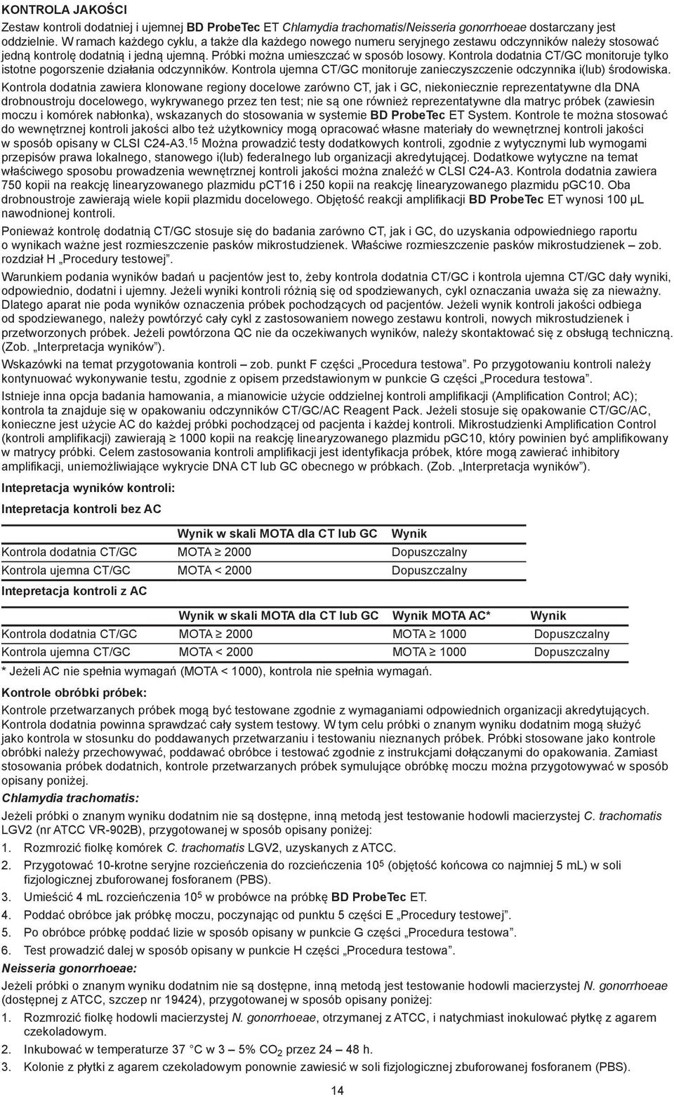 Kontrola dodatnia CT/GC monitoruje tylko istotne pogorszenie działania odczynników. Kontrola ujemna CT/GC monitoruje zanieczyszczenie odczynnika i(lub) środowiska.