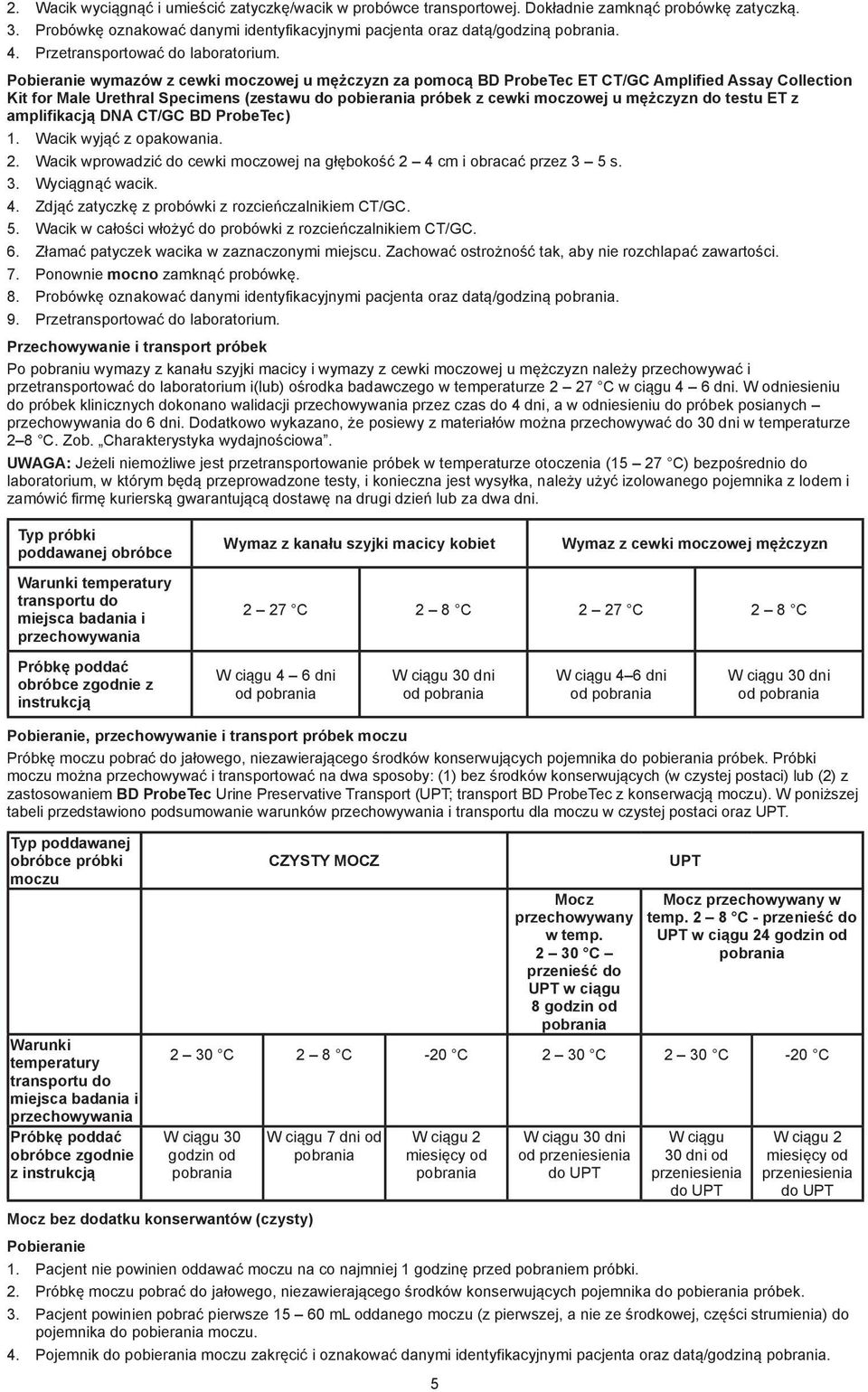 Pobieranie wymazów z cewki moczowej u mężczyzn za pomocą BD ProbeTec ET CT/GC Amplified Assay Collection Kit for Male Urethral Specimens (zestawu do pobierania próbek z cewki moczowej u mężczyzn do