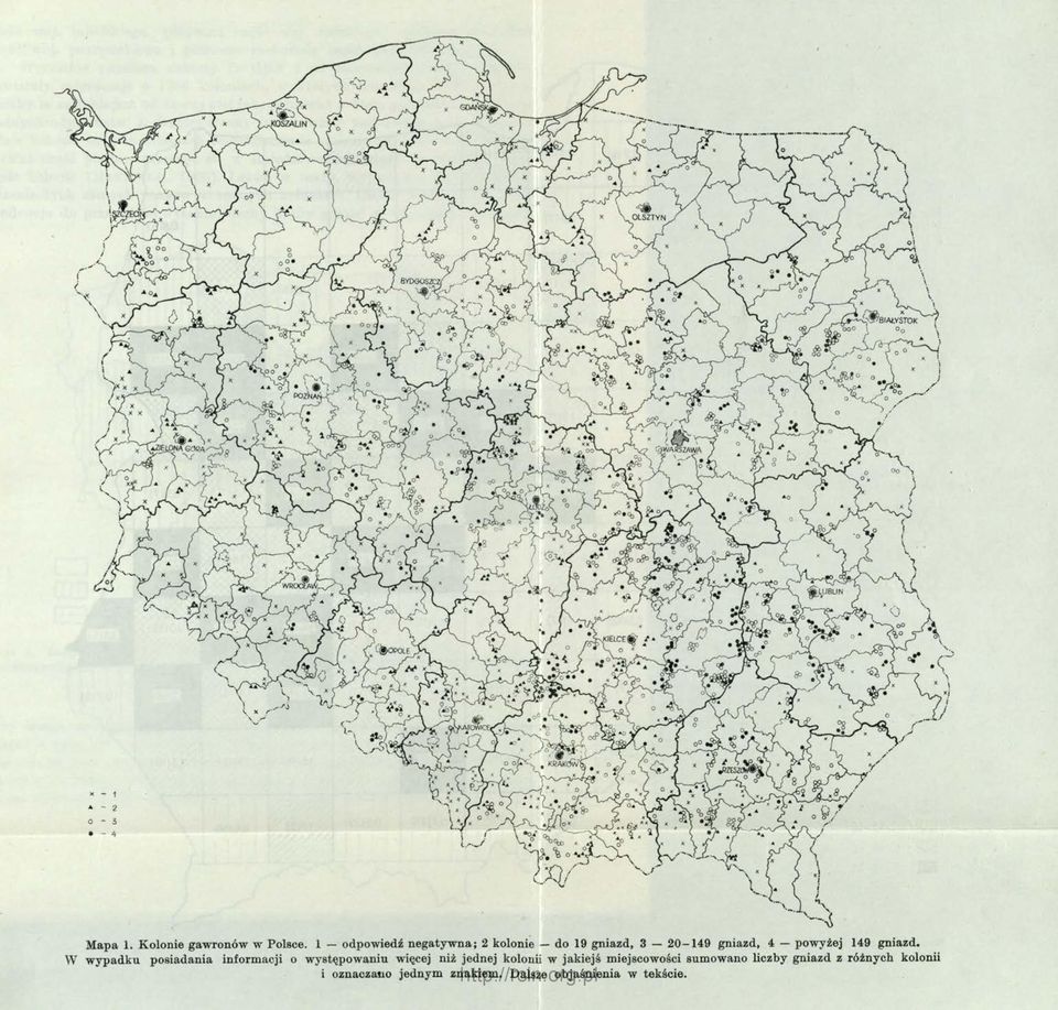 1 odpowiedź negatywna; 2 kolonie do 19 gniazd, 3 20-149 gniazd, 4 powyżej 149 gniazd.