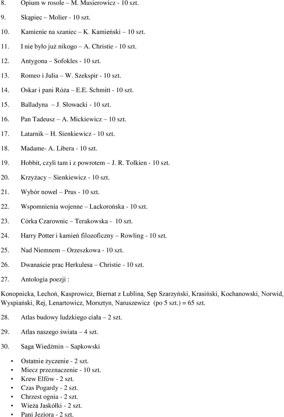 Madame- A. Libera - 10 szt. 19. Hobbit, czyli tam i z powrotem J. R. Tolkien - 10 szt. 20. Krzyżacy Sienkiewicz - 10 szt. 21. Wybór nowel Prus - 10 szt. 22. Wspomnienia wojenne Lackorońska - 10 szt.