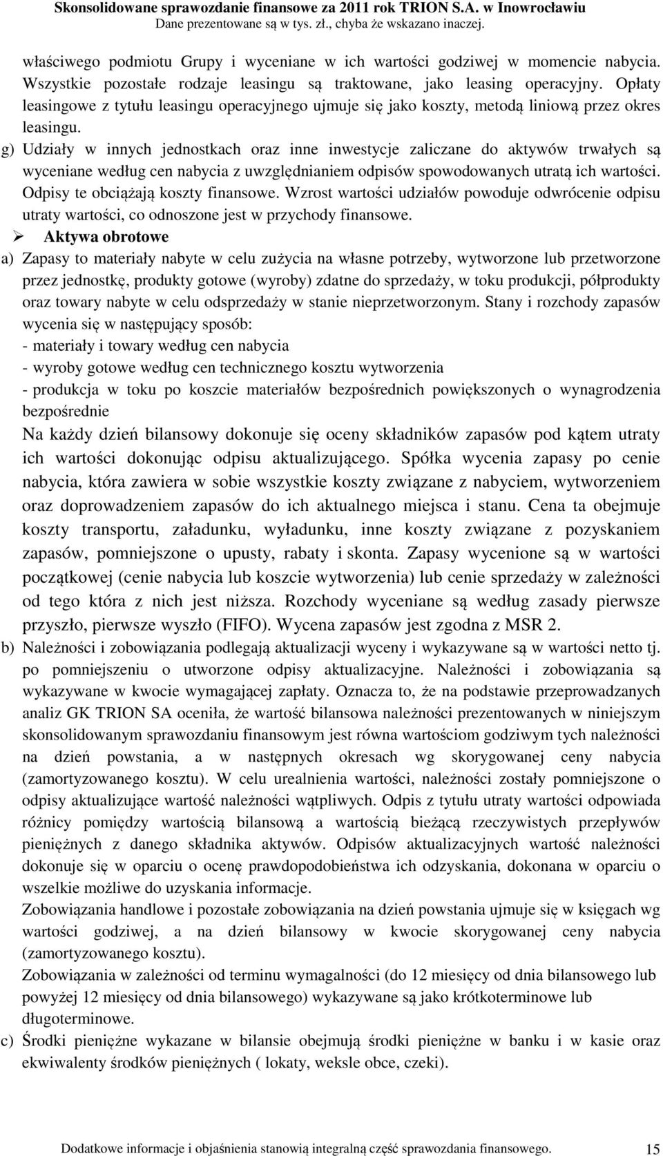 g) Udziały w innych jednostkach oraz inne inwestycje zaliczane do aktywów trwałych są wyceniane według cen nabycia z uwzględnianiem odpisów spowodowanych utratą ich wartości.