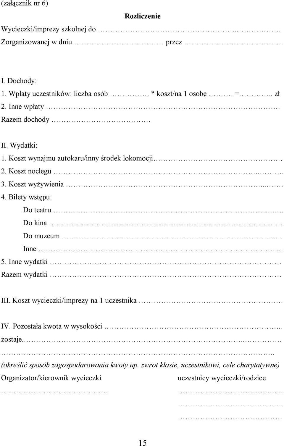 Bilety wstępu: Do teatru... Do kina. Do muzeum.. Inne... 5. Inne wydatki Razem wydatki III. Koszt wycieczki/imprezy na 1 uczestnika. IV.