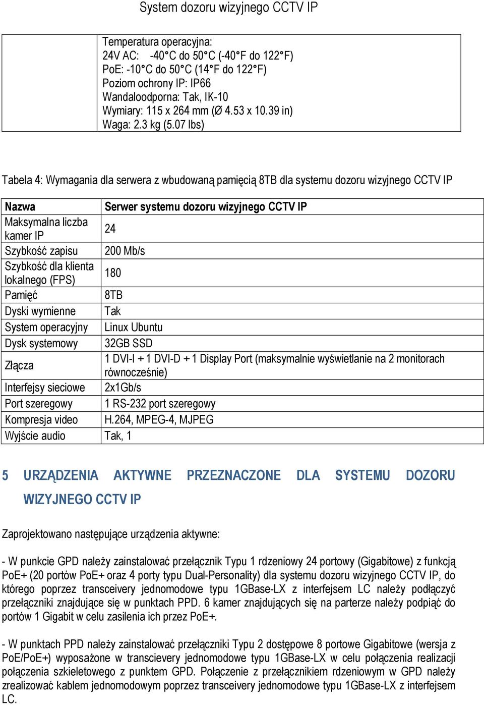 07 lbs) Tabela 4: Wymagania dla serwera z wbudowaną pamięcią 8TB dla systemu dozoru wizyjnego CCTV IP Nazwa Serwer systemu dozoru wizyjnego CCTV IP Maksymalna liczba kamer IP 24 Szybkość zapisu 200