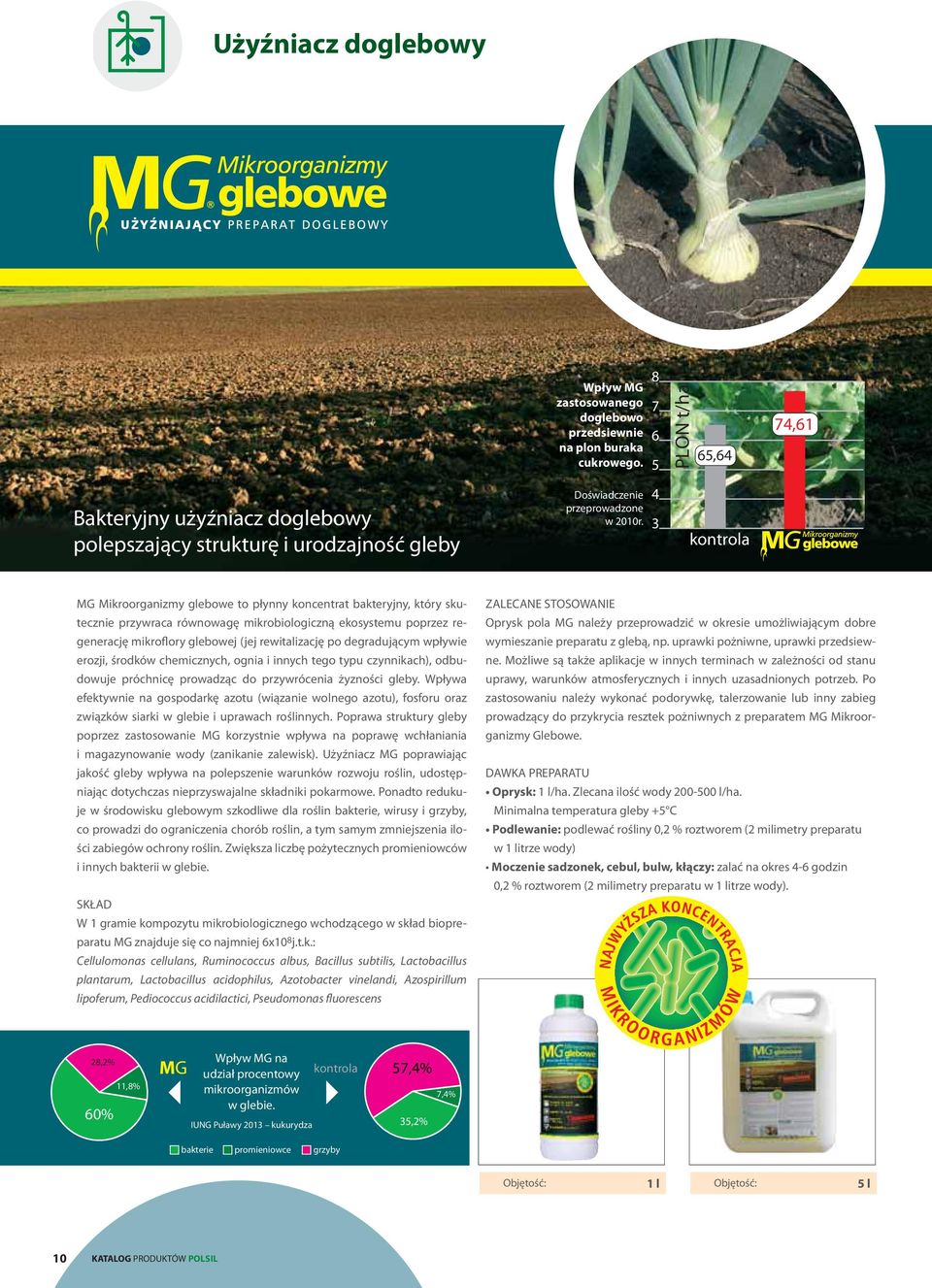 4 3 kontrola MG Mikroorganizmy glebowe to płynny koncentrat bakteryjny, który skutecznie przywraca równowagę mikrobiologiczną ekosystemu poprzez regenerację mikroflory glebowej (jej rewitalizację po