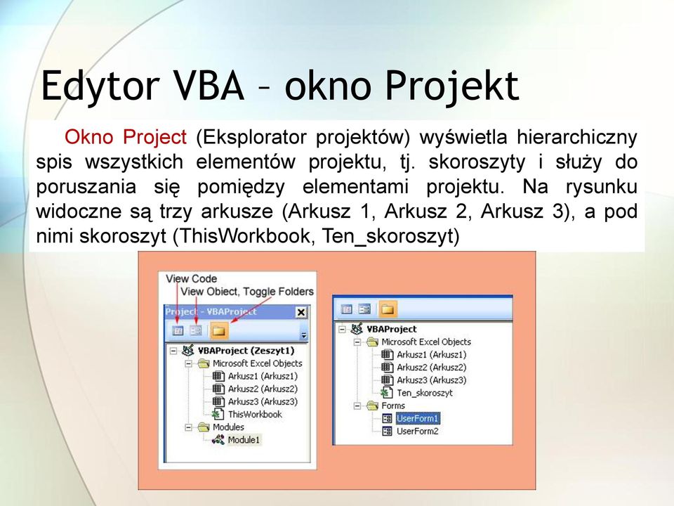 skoroszyty i służy do poruszania się pomiędzy elementami projektu.