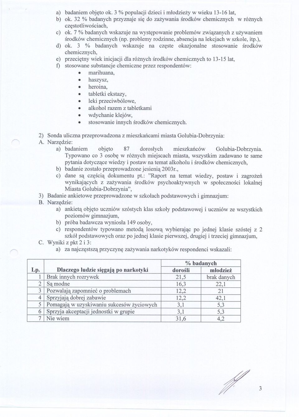 3 % badanych wskazuje na czeste okazjonalne stosowanie srodków chemicznych, e) przecietny wiek inicjacji dla róznych srodków chemicznych to 13-15 lat, t) stosowane substancje chemiczne przez
